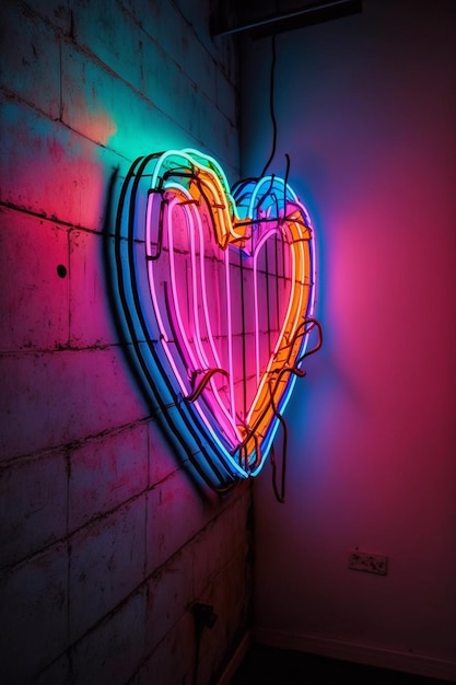 Un cuore è illuminato su un muro di mattoni.