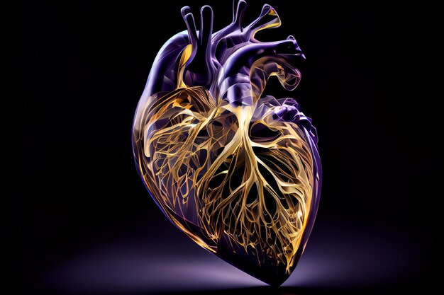 Un cuore è mostrato in viola e giallo.