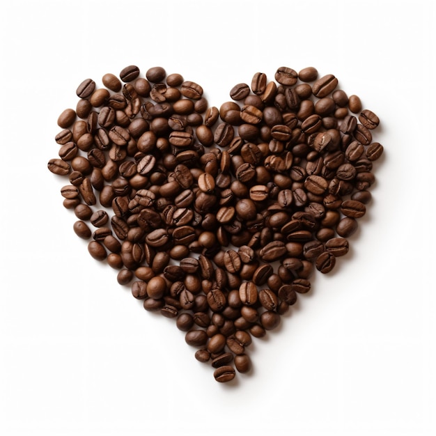 Un cuore fatto di chicchi di caffè è mostrato su uno sfondo bianco.