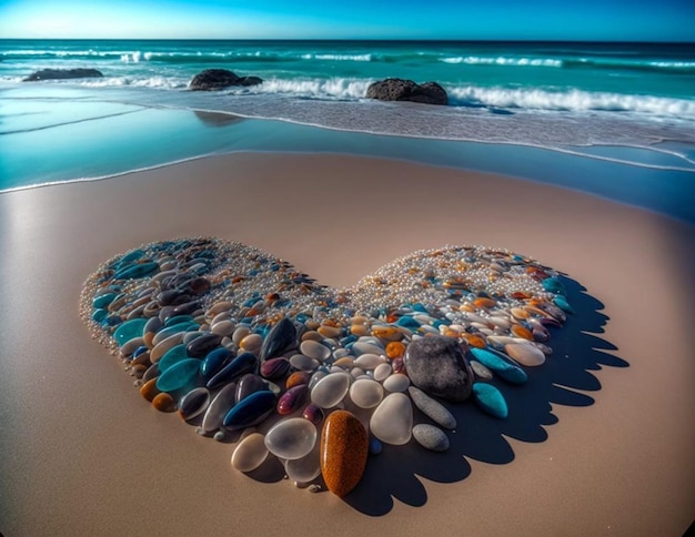 Un cuore fatto di ciottoli è su una spiaggia.