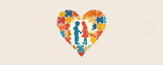 Un cuore fatto di pezzi di puzzle con due silhouette che si tengono per mano al centro che simboleggiano la famiglia e l'amore