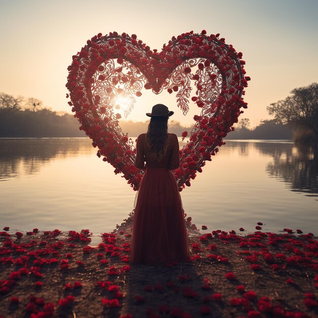 un cuore fatto di rose rosse davanti a un lago