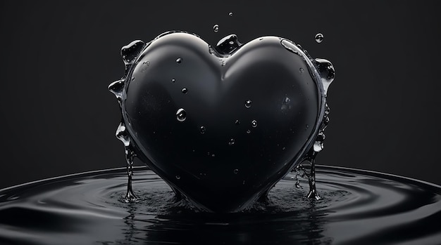 un cuore nero con gocce d'acqua