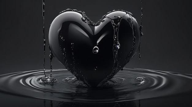 un cuore nero con gocce d'acqua