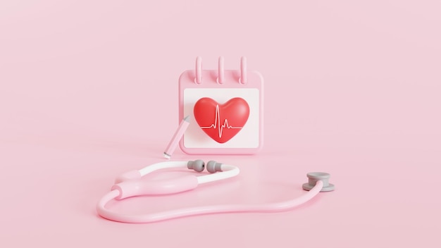 Un cuore rosa con accanto uno stetoscopio e il rendering 3D del grafico del battito cardiaco