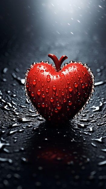Un cuore rosso con gocce d'acqua su di esso