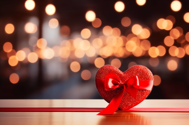 Un cuore rosso con un nastro su un tavolo con luci sfocate sullo sfondo e uno sfocato sullo sfondo