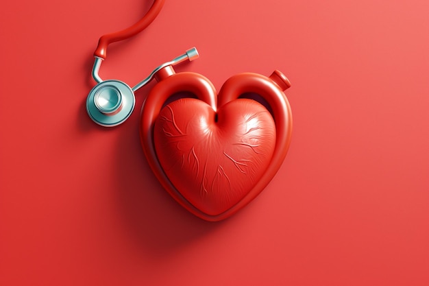 Un cuore rosso con uno stetoscopio nella tavolozza dei colori di tendenza con l'IA generativa
