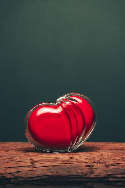 Un cuore rosso di vetro su un vecchio tavolo di legno Su un bellissimo sfondo scuro