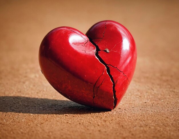 Un cuore rosso spezzato seduto nella sabbia