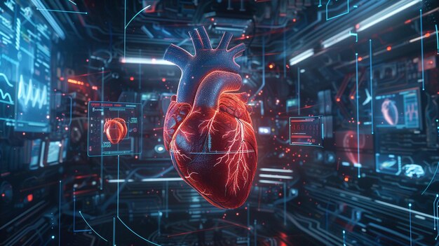 un cuore umano iperrealistico sospeso in aria e varie metriche sanitarie