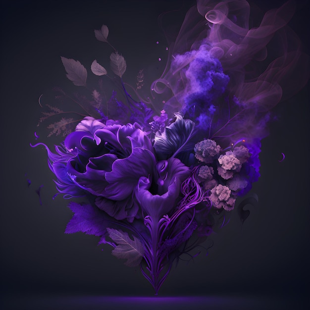 Un cuore viola con fiori e un cuore viola sopra.
