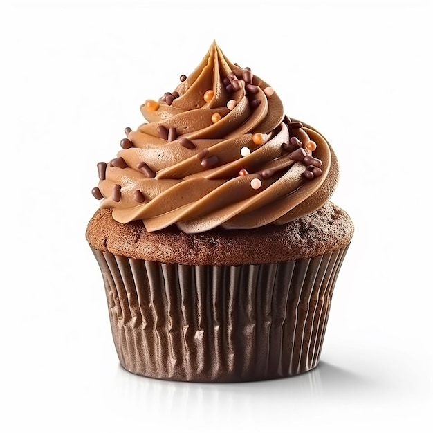 Un cupcake al cioccolato con glassa al cioccolato e granelli di cioccolato.