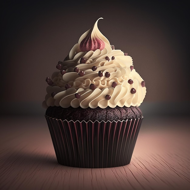 Un cupcake al cioccolato con glassa al cioccolato e sopra una spolverata di ciliegie.