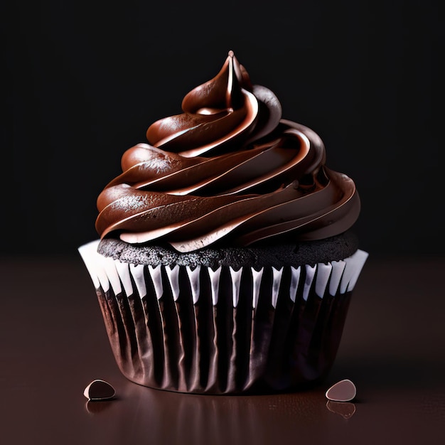 Un cupcake al cioccolato con glassa al cioccolato e una spolverata di glassa al cioccolato.