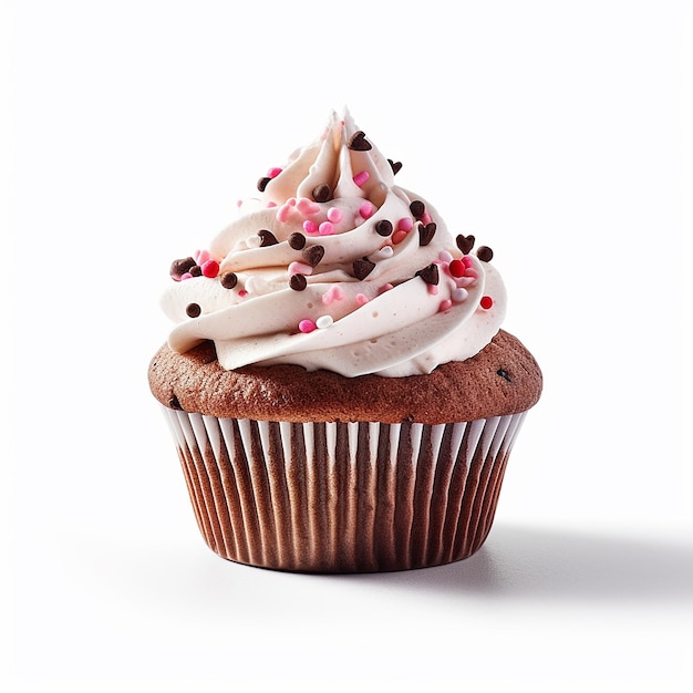 Un cupcake al cioccolato con glassa bianca e granelli rosa in cima.