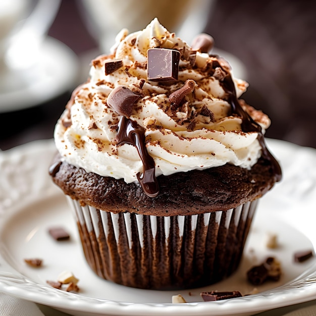 Un cupcake al cioccolato con panna montata e scaglie di cioccolato in cima.