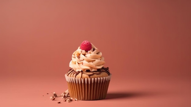 Un cupcake al cioccolato con scaglie di cioccolato su sfondo nero