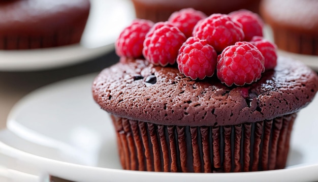 Un cupcake al cioccolato con sopra dei lamponi