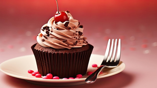 Un cupcake al cioccolato con una ciliegina in cima.