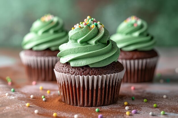Un cupcake al cioccolato per il giorno di San Patrizio adornato di glassa verde e bianca