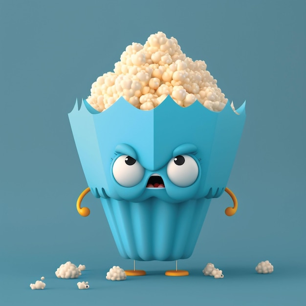 Un cupcake blu con una faccia che dice popcorn sopra.