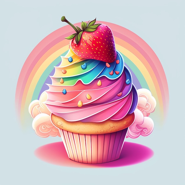 Un cupcake colorato con un arcobaleno in cima.