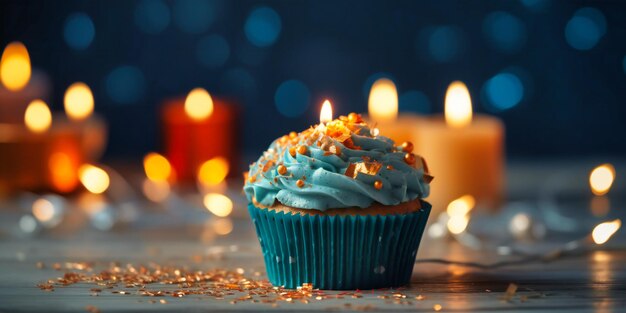 Un cupcake con candele su un tavolo blu con coriandoli