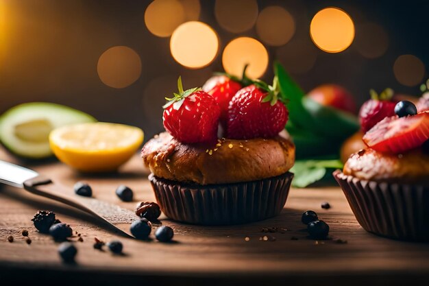 un cupcake con fragole e un coltello su un tavolo di legno.