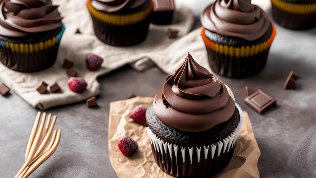 Un cupcake con glassa al cioccolato e glassa al cioccolato si siede su un tavolo.