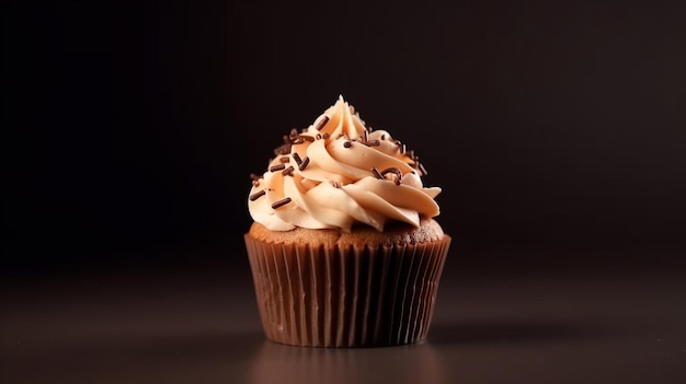 Un cupcake con glassa al cioccolato e scaglie di cioccolato