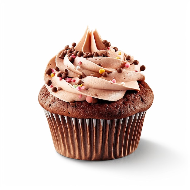 Un cupcake con glassa al cioccolato e spruzza sopra