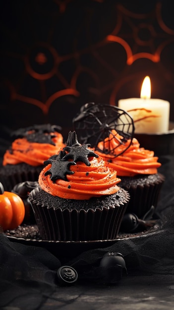 un cupcake con glassa arancione e una candela sullo sfondo