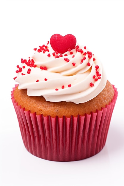 un cupcake con glassa bianca e cuori rossi in cima