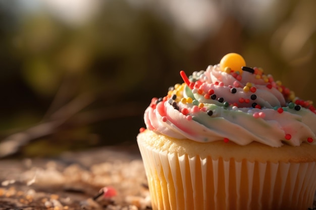 Un cupcake con glassa bianca e spruzza su di esso