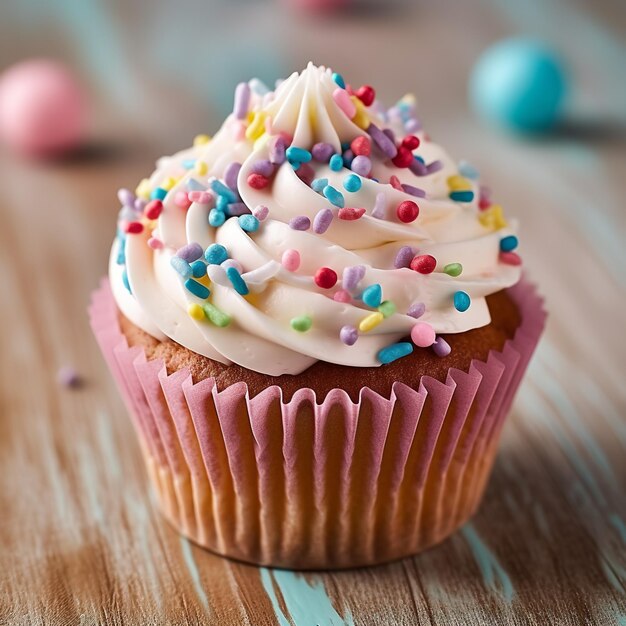 Un cupcake con glassa bianca e spruzza su un tavolo di legno.