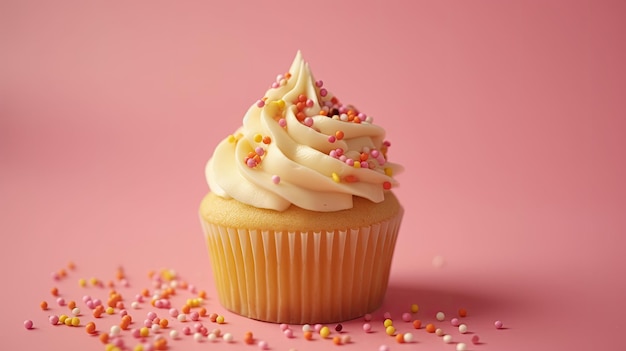 Un cupcake con glassa bianca e spruzza su uno sfondo rosa.