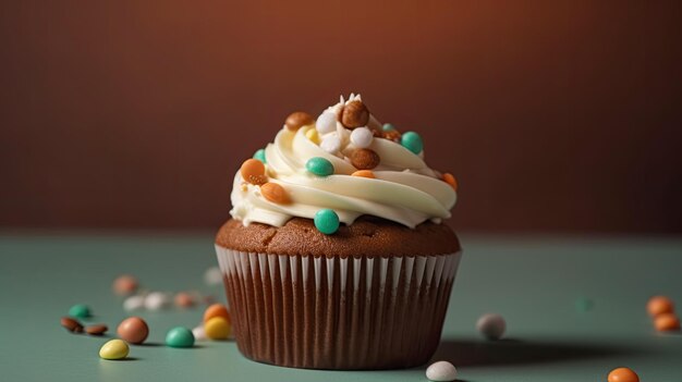 Un cupcake con glassa bianca e una caramella colorata in cima.