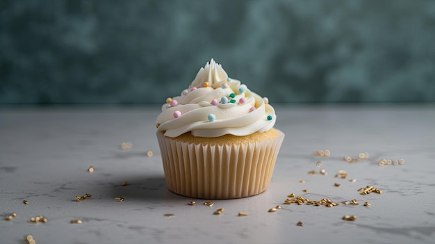 Un cupcake con glassa bianca e uno sfondo blu