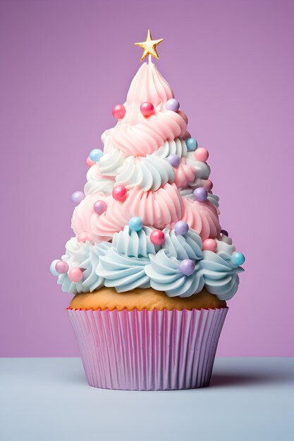 un cupcake con glassa rosa e blu e glassa blu con decorazioni rosa e blu.