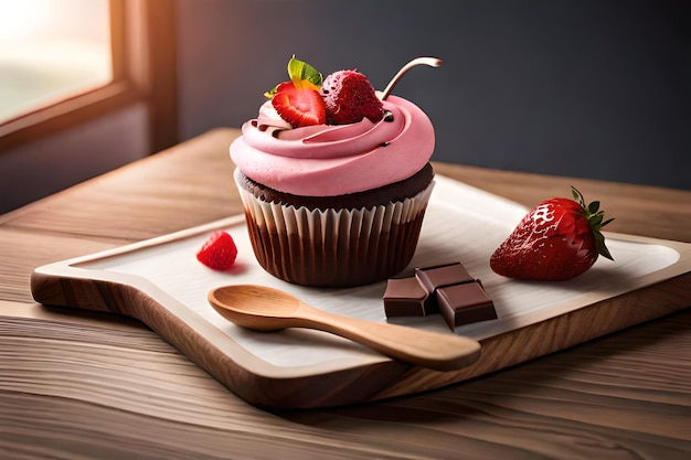 Un cupcake con glassa rosa e pezzetti di cioccolato su un vassoio.