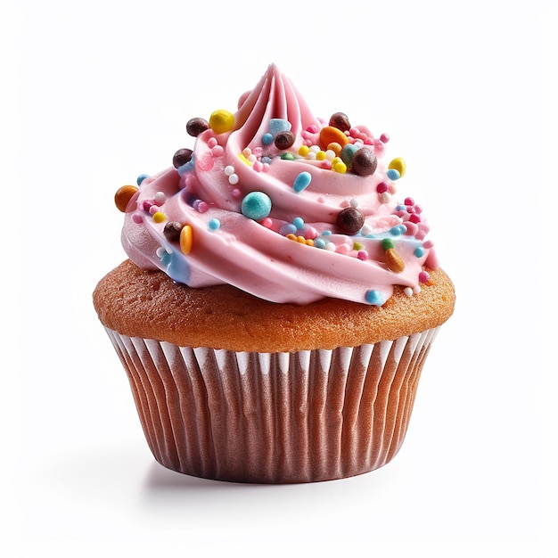 Un cupcake con glassa rosa e spruzza su di esso