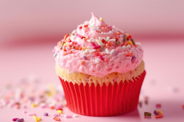 Un cupcake con glassa rosa e spruzza su di esso