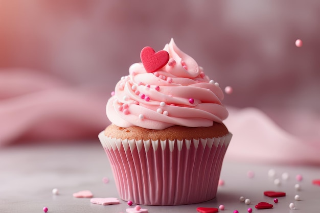 Un cupcake con glassa rosa e un cuore in cima