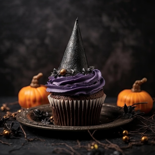 un cupcake con glassa viola e sopra un cappello da strega circondato da piccole zucche