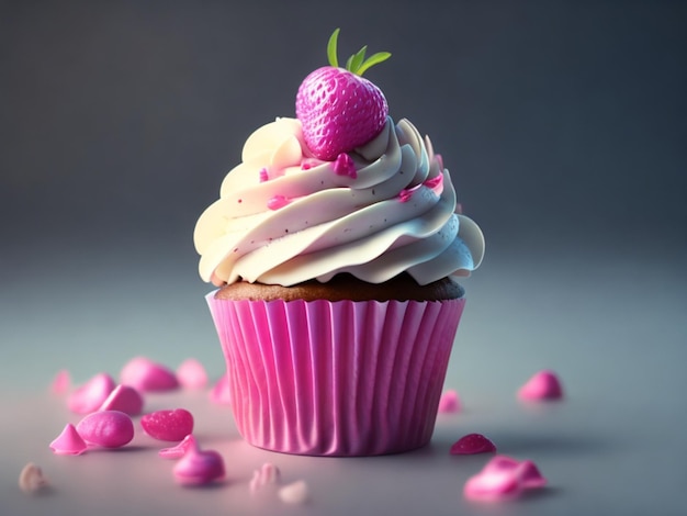 Un cupcake con la glassa rosa e una fragola sopra.