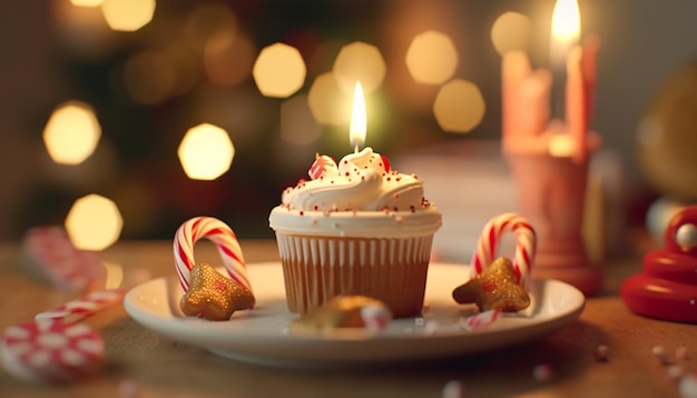 Un cupcake con sopra un bastoncino di zucchero