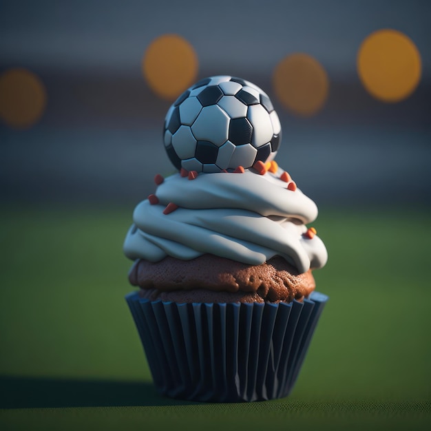 Un cupcake con sopra un pallone da calcio