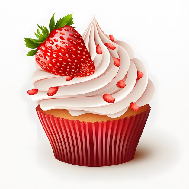 Un cupcake con sopra una fragola e sopra una bacca rossa
