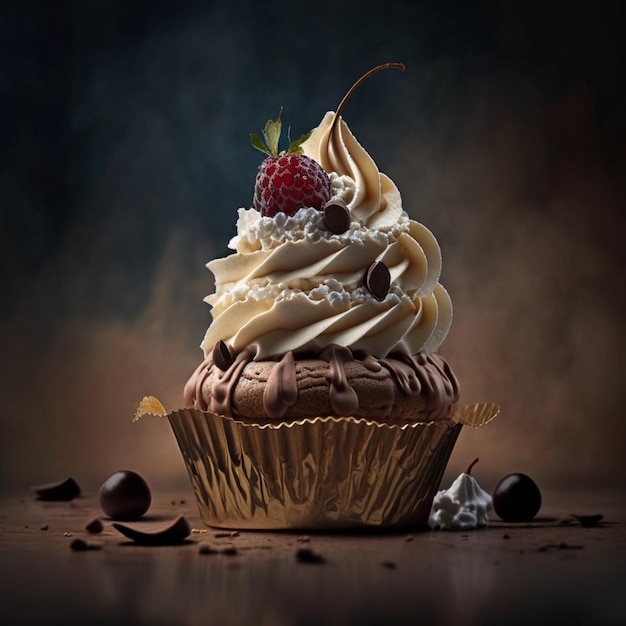 Un cupcake con sopra una fragola e un cupcake ricoperto di cioccolato con sopra una salsa al cioccolato